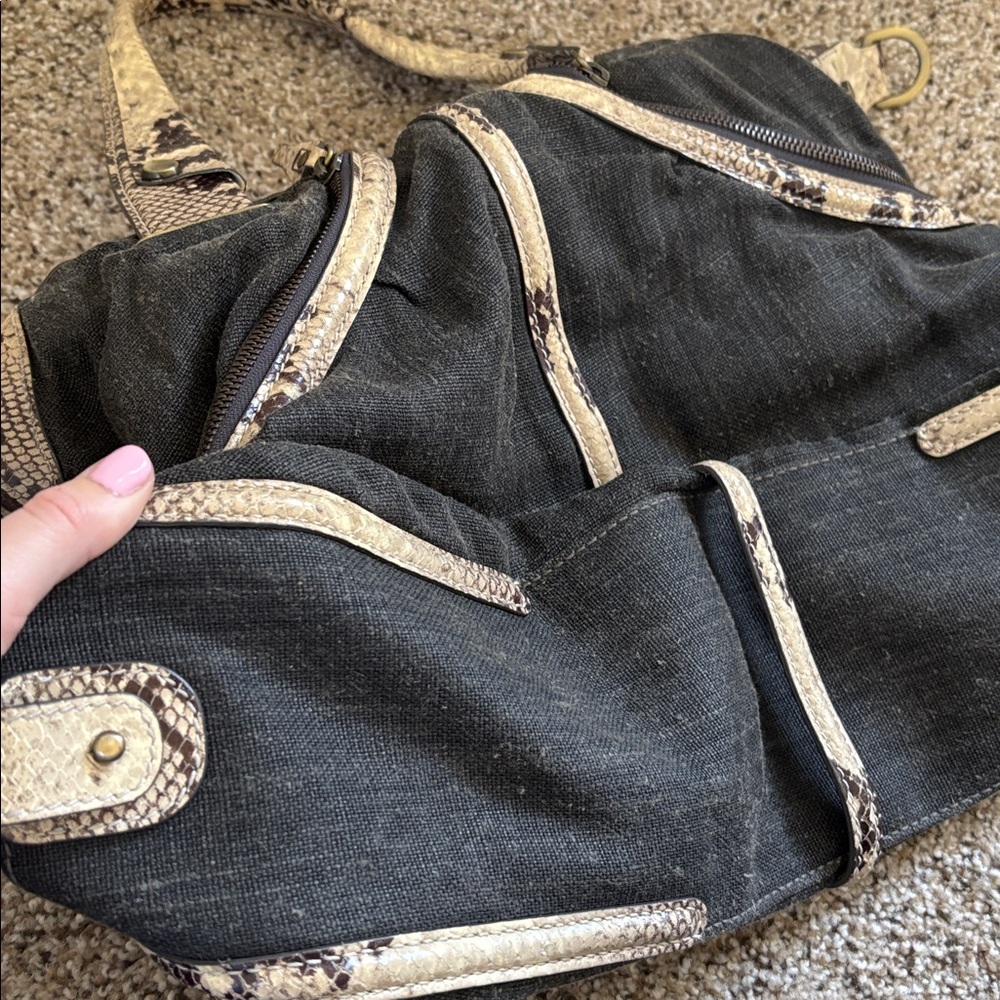 Vintage THEORY denim/canvas genuine snake skin slouchy shoulder bag - Picture 7 of 9